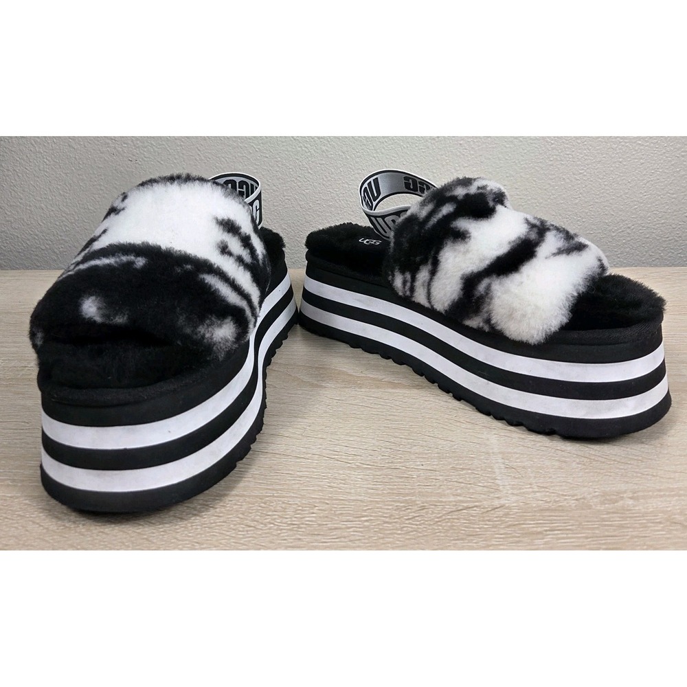 UGG Disco Cross Slide Zebra‎ Platform Slippers Black White Fur Sandals US 7